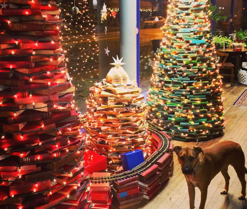 Riverow-Bookshop-Owego-Book-Trees-with-Dog-Christmas